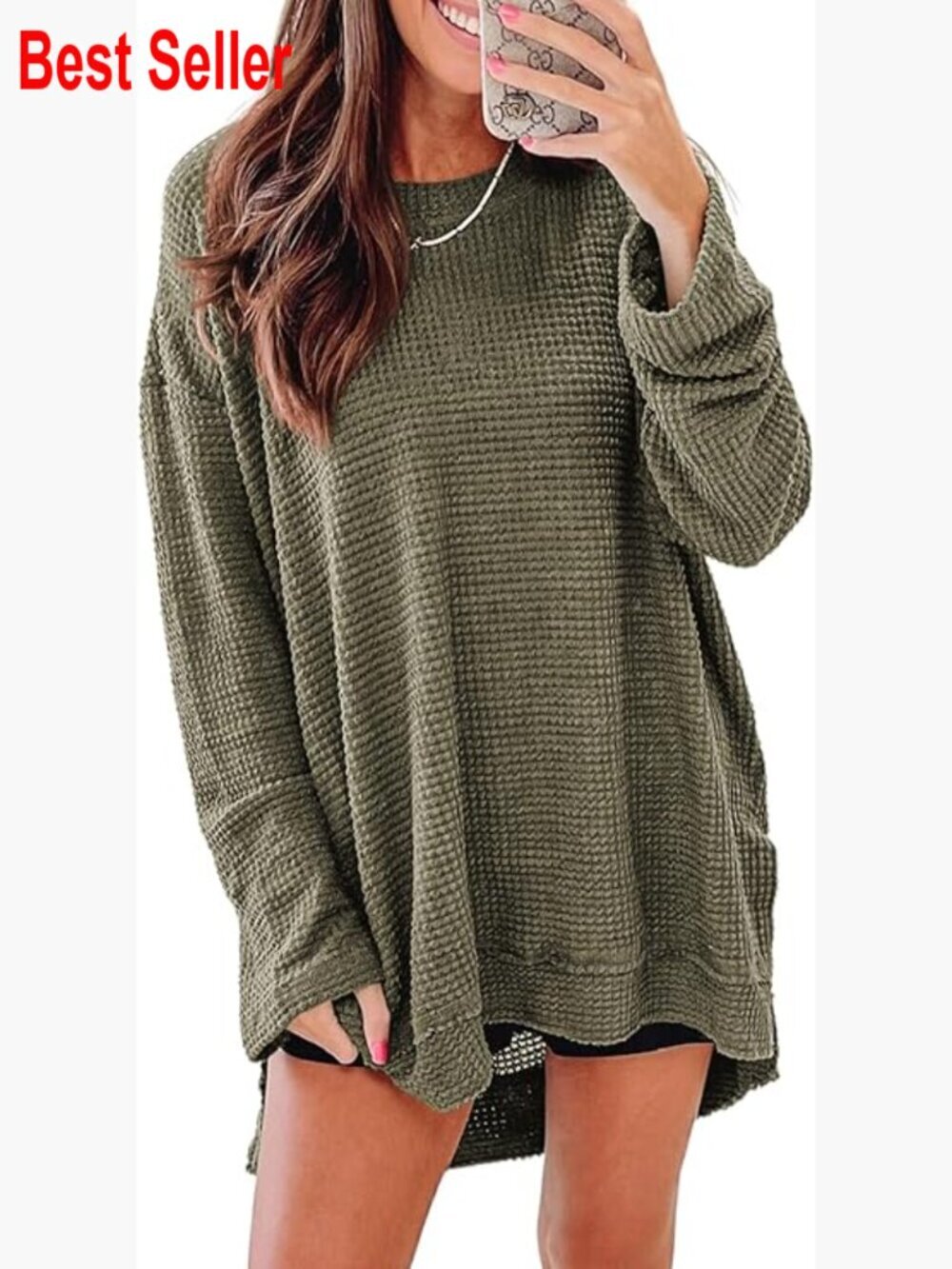 Oversized Waffle Knit Long Sleeve Crewneck Sweatshirt Tunic Top